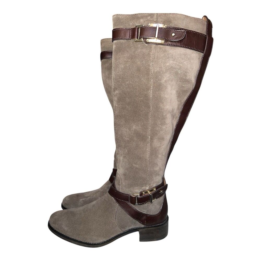 LOUISE ET CIE Suede Boots Womens 8M Zip Up Flat Tall Brown Leather Trim Riding